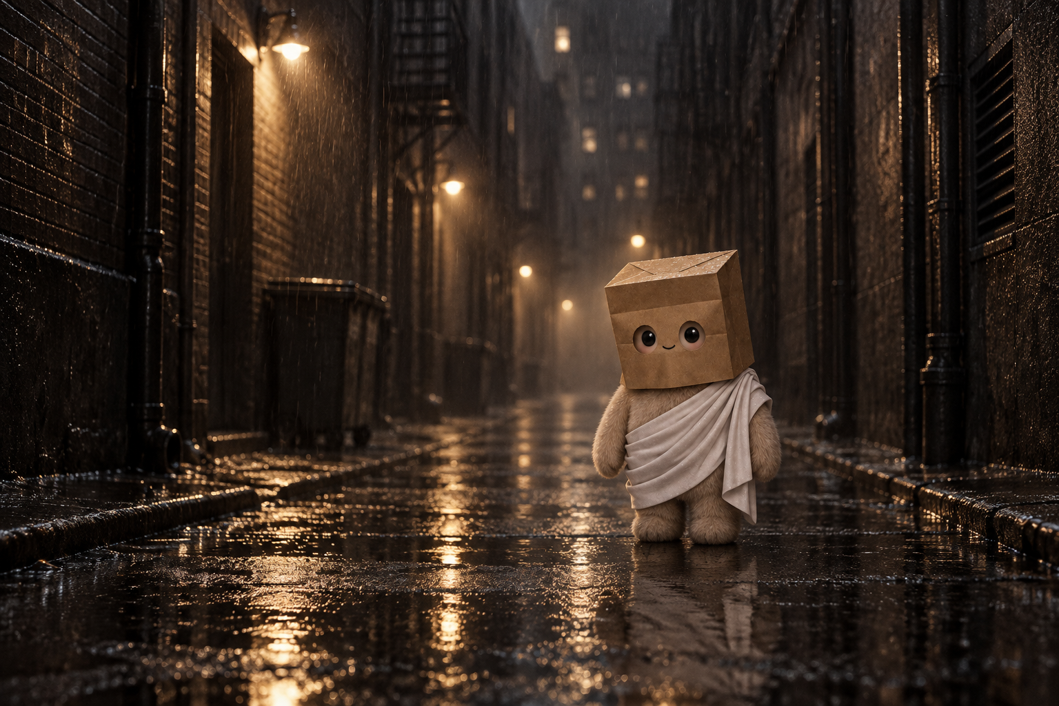 ZAGRIPPA standing quietly in a shadowy city alley